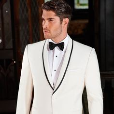 Polyester 1 Button Ivory Shawl With Black Satin Trim White Black Tuxedo, White Bow Tie Groom, White Dinner Jacket, Designer Tuxedo, White Attire, White Tux, Wedding Tux, Groom Bowtie, White Bow Tie