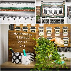 there is a sign that says happyness served daily on it and some plants in pots