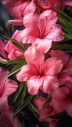 pink flowers with green leaves in the middle