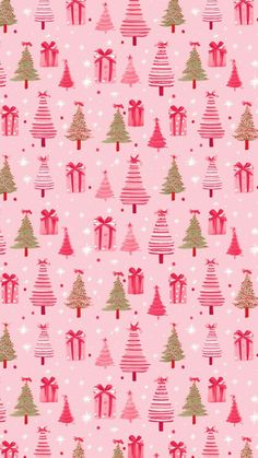 a pink background with christmas trees and presents on it's sides, all in different colors