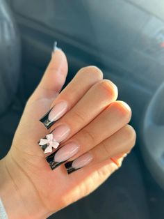 Black French Tip Nails With Bow, Black French Tip With Bow, French Tip Bow Nails, Milan Nails, French Tip With Bow, Rounded Nails, White Nail Ideas, Black French Tip Nails, Bow Nail Designs