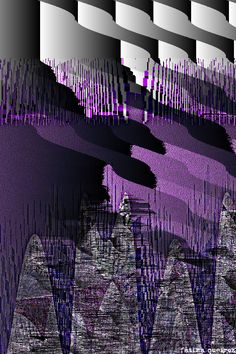 an abstract image of mountains and hills with purple hues on them, as well as text