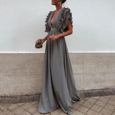 Sexy Gray V Neck Short Sleeves Maxi Dress Dresses Long Elegant, Elegant Dresses Plus Size, Long Dress Elegant, Womens Jumpsuits Casual, Party Dress Women, Long Dresses Elegant, Ruffles Fashion, Short Sleeve Maxi Dresses, Formal Party Dress