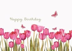 pink tulips and butterflies on a white background with the words happy birthday written below