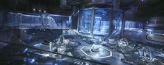 a futuristic sci - fi room with glass and metal fixtures