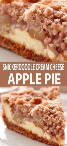 a slice of cheesecake on a plate with the words, snickkerdoodle cream cheese apple pie