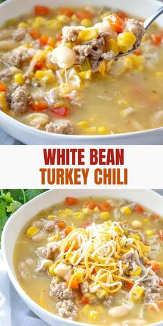 two pictures of white bean and turkey chili in a bowl with a ladle full of soup