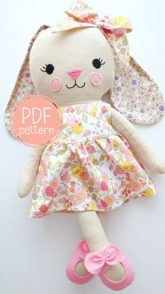 a stuffed animal is wearing a dress and pink shoes with the words pdf pattern on it