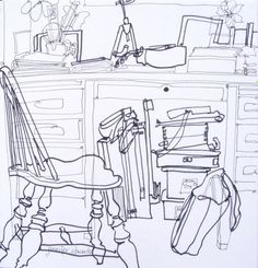 a black and white drawing of a desk with chair, bookshelf and other items