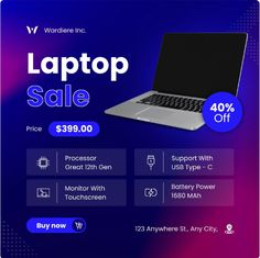 laptop sale advertise with purple background and blue backround for web design