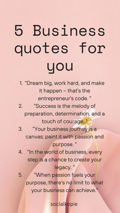 a pink poster with the words 5 business quotes for you