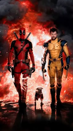 two deadpools standing next to each other in front of a fire with flames