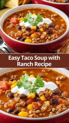 This Easy Taco Soup with Ranch is a delicious, hearty dish that combines lean ground beef, beans, and veggies, all simmered in a flavorful broth with ranch seasoning and taco spices. Perfect for busy weeknights, this easy soup is packed with protein and fiber, making it a satisfying meal. Whether you enjoy it spicy or mild, this taco soup is versatile and customizable, sure to become a family favorite. Ranch Taco Soup Recipe, Ground Beef And Ranch Seasoning, Best Taco Soup Recipe Crockpot, Taco Soup With Ranch Packet, Ranch Taco Soup, Ground Beef Taco Soup, Taco Soup With Ranch, Taco Soup Ranch, Soup Recipes With Ground Beef