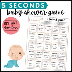 baby shower game with the words 5 seconds and an image of a baby on it