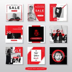 a set of red and black social media postcard templates for fashion week or sale