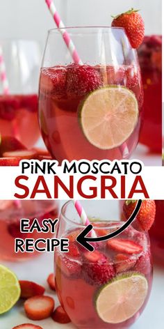 pink moscato sangria recipe with strawberries and limes in wine glasses