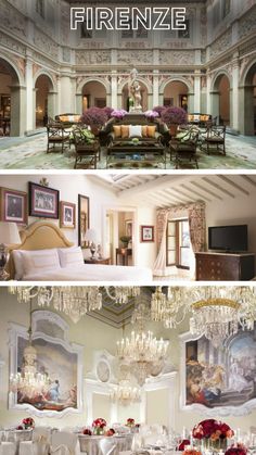 the inside of a hotel room with chandeliers and tables set up for dinner