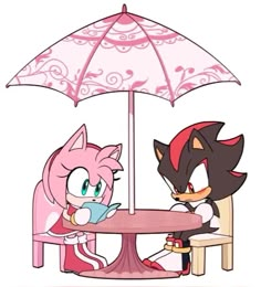 two cartoon characters sitting at a table with an umbrella over their heads and one holding a cup