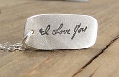 Hand Stamped White Necklace For Personalized Gift, Cheap Hand Stamped Name Necklace Gift, Silver Hand Stamped Meaningful Charm Necklace, Personalized Hand Stamped Heart Necklace, Handwritten Necklace