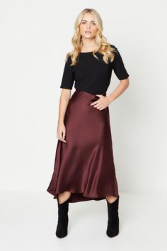 Petite Plain Satin Bias Midi Skirt Satin Dress With Cardigan Midi, Brown Slip Skirt Plus, Navy Satin Slip Skirt, Brown Midi Silk Skirt, Dark Satin Skirt, Petite Satin Midi Skirt, Wine Outfit, Embroidered Flats, Sequined Top