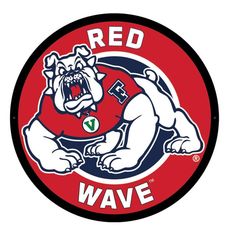 the red wave logo has an angry bulldog on it's chest and is holding a football