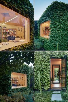 three pictures of the inside of a house covered in plants and ivys, with a man sitting at his desk