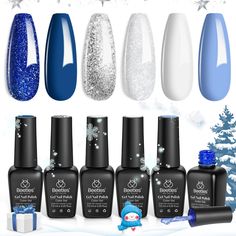 PRICES MAY VARY. 6 Colors Winter Gel Polish: We've curated the top 6 trendiest colors for the year 2023! We closely studied upcoming color trends so you can showcase a colorful, stylish, and modern manicure for joyful Christmas holidays. The set includes Snow White, Glitter Silver, and Navy Blue gel nail polish for a DIY Holidays gel polish kit at home. Soak off LED Gel Nail Polish: The colors of the 2023 Carnival Kit - winter gel nail polish kit, including silver sparkle blue gel polish, need t Black Cherry Nail Color, Navy Nail Polish, Blue Nail Color, Blue Gel Nails, Brown Nail Polish, Gel Nail Polish Colors, Indigo Nails, Purple Nail Polish, Nail Colors Winter