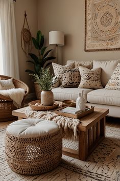 a living room filled with lots of furniture and pillows on top of a rug in front of a window