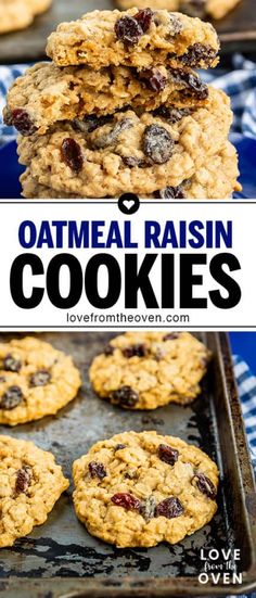 oatmeal raisin cookies stacked on top of each other in a baking pan