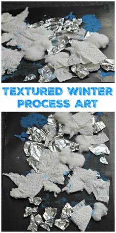 two pictures with the words textured winter process art and an image of snowflakes