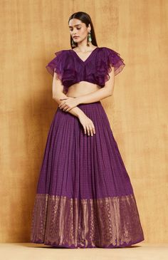 Chamee And Palak | Purple Ruffle Jamewar Lehenga Set Ruffle Blouse Designs, Organza Blouse, Half Saree Designs, Long Dress Design, Lehenga Blouse, Lehenga Designs, Indian Fashion Dresses, Indian Designer Wear, Half Saree