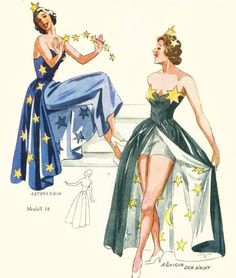 two women in dresses with stars on them, one is wearing a dress and the other has