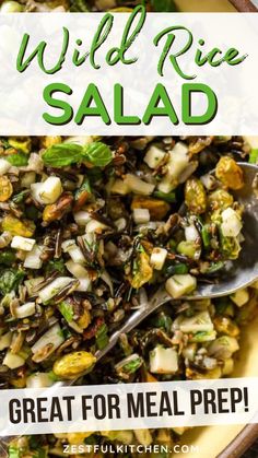 wild rice salad in a bowl with spoons and title overlay that reads, great for meal prep