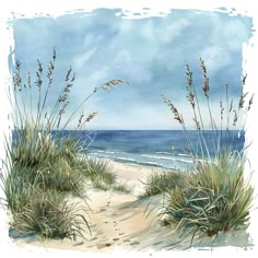 watercolor painting of beach scene with sea oats