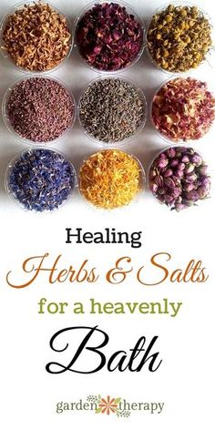 the front cover of a book with herbs and salts for a heavenly bath