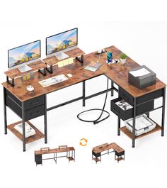 the computer desk has two monitors on it and is connected to an external keyboard, mouse, and printer