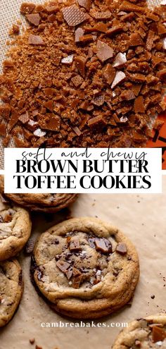 chocolate chip cookies and brown butter toffe cookies on parchment paper with text overlay