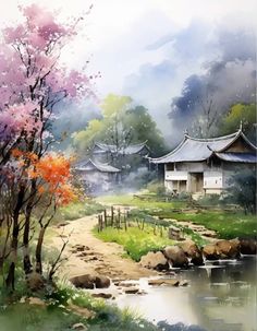 Wall Art Traditional, Garden Japanese, Pixel Art Landscape, Water Coloring, Japanese Watercolor, Japanese Sakura, Art Traditional