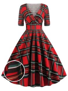 1950s dress – Retro Stage - Chic Vintage Dresses and Accessories Fitted Knee-length Retro Plaid Dress, Fitted Retro Knee-length Plaid Dress, Retro Fitted Knee-length Plaid Dress, Fitted V-neck Plaid Dress, Fitted Plaid V-neck Dress, Retro Plaid Winter Dresses, Vintage Plaid Dress For Winter, Vintage Plaid Winter Dress, Vintage Plaid A-line Dress