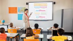 a woman teaching children in a classroom with a projector on the wall behind her