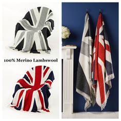 three different pictures of towels hanging on the wall, one with an union jack design