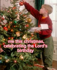 a young boy standing next to a christmas tree with the words, me this christmas celebrating the lord's birthday