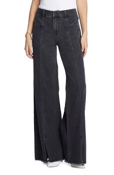 Flaunt a retro-inspired vibe in these stretch-kissed jeans cut with breezy slits at the perfectly flared wide legs. 32" inseam; 23 1/2" leg opening; 10 1/4" front rise Brushed Denim is 95% cotton, 4% polyester, 1% spandex; Brushed Black is 66% cotton, 23% polyester, 10% rayon, 1% spandex Machine wash, tumble dry Imported Flare Jeans Style, Black Wide Leg Jeans, Making Clothes, Trendy Jeans, Denim Maxi Skirt, How To Make Clothes, Fashion Board, 2024 Fashion, Wide Legs