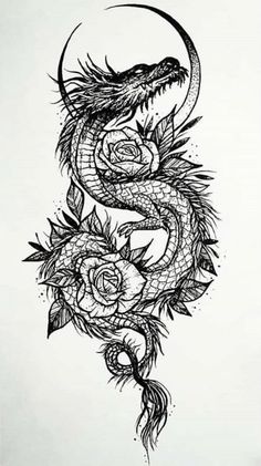 a drawing of a dragon with roses on it's back and the tail curled up