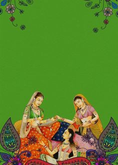 three women sitting on top of a couch with flowers and leaves around them, in front of a green background