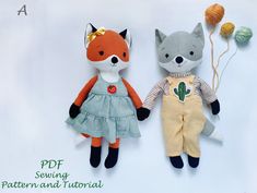 two stuffed animals sitting next to each other on top of a white surface with the words pdot sewing pattern and tutor written below