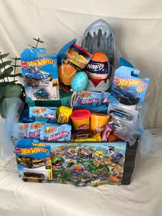 a basket filled with toys and other items