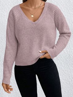 Plus Size Women's Solid V-Neck Raglan Sleeve Long Sleeve Casual Sweater, Fall/Winter Purple Casual  Long Sleeve Fabric Plain Pullovers Slight Stretch  Women Plus Clothing, size features are:Bust: ,Length: ,Sleeve Length: Sweaters V Neck, Plus Size Pullover, Cropped Leather Jacket, Casual Sweater, Fall Clothes, Plus Size Sweaters, Cute Sweaters, Casual Sweaters, Long Sleeve Casual