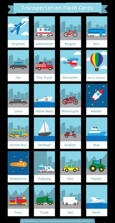 transportation flash cards with different types of vehicles