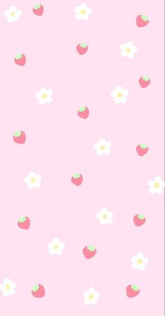 a pink background with white flowers and strawberries